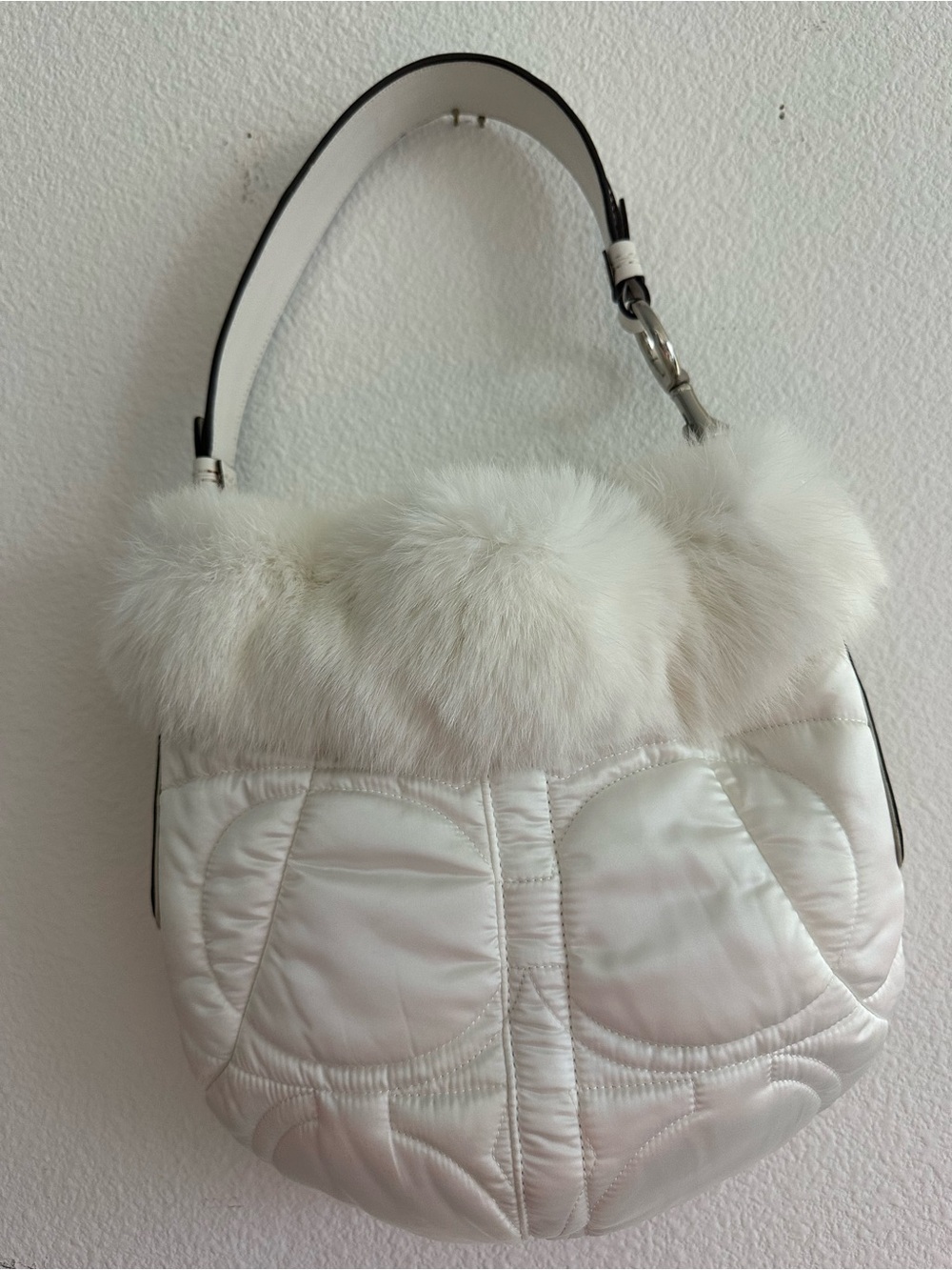 White Faux-Fur Trim Quilted Shoulder Bag